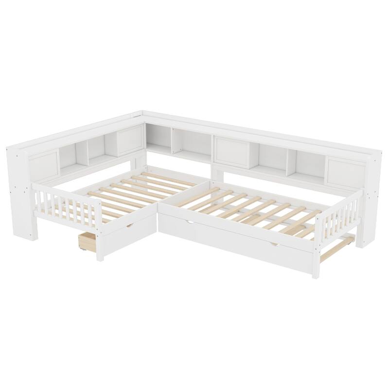 L Shaped Twin Platform Bed with Pull Out Trundle and Drawer, Solid Wood Twin Size Bed Frame with L Shaped Storage Bookcases