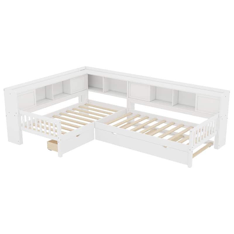 Roomfitters L-Shaped Twin Platform Bed with Trundle, Corner Bed Frame with Storage Drawers and Shelves