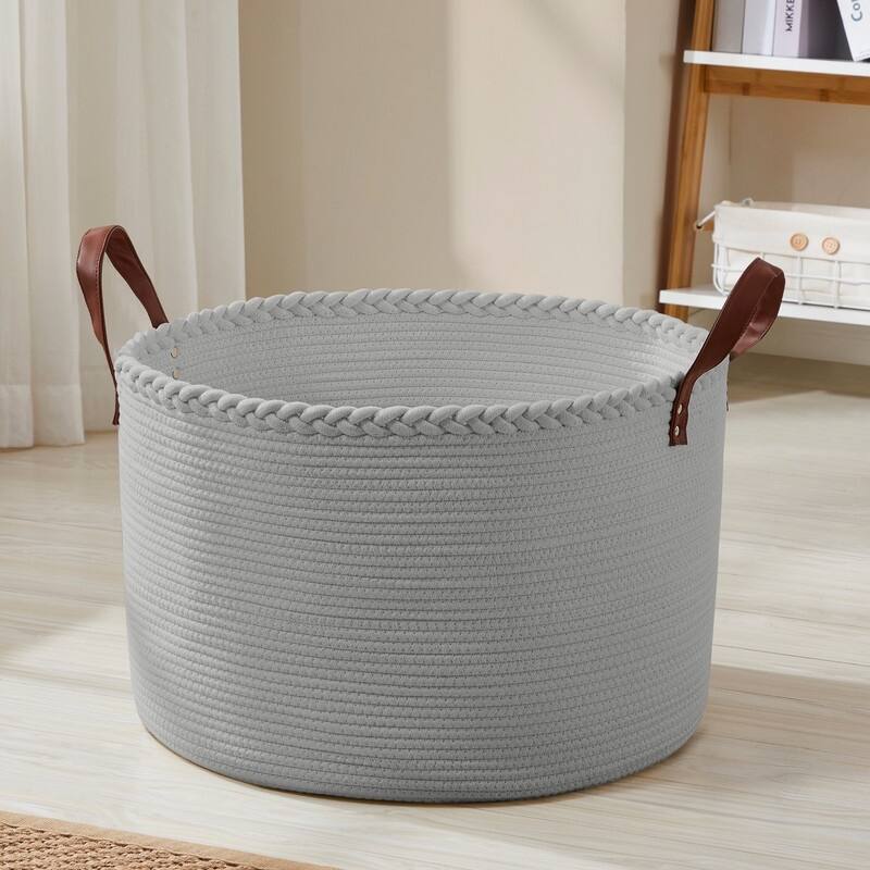 Large Round Cotton Rope Storage Basket Laundry Hamper with Leather Handles, 21 x 21 x 14 - 21" x 21" x 14"