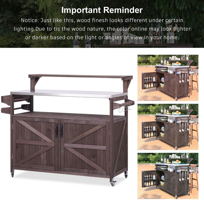 Outdoor Kitchen Island, Solid Wood Storage Cabinet with Stainless Steel Top and Lockable Wheels