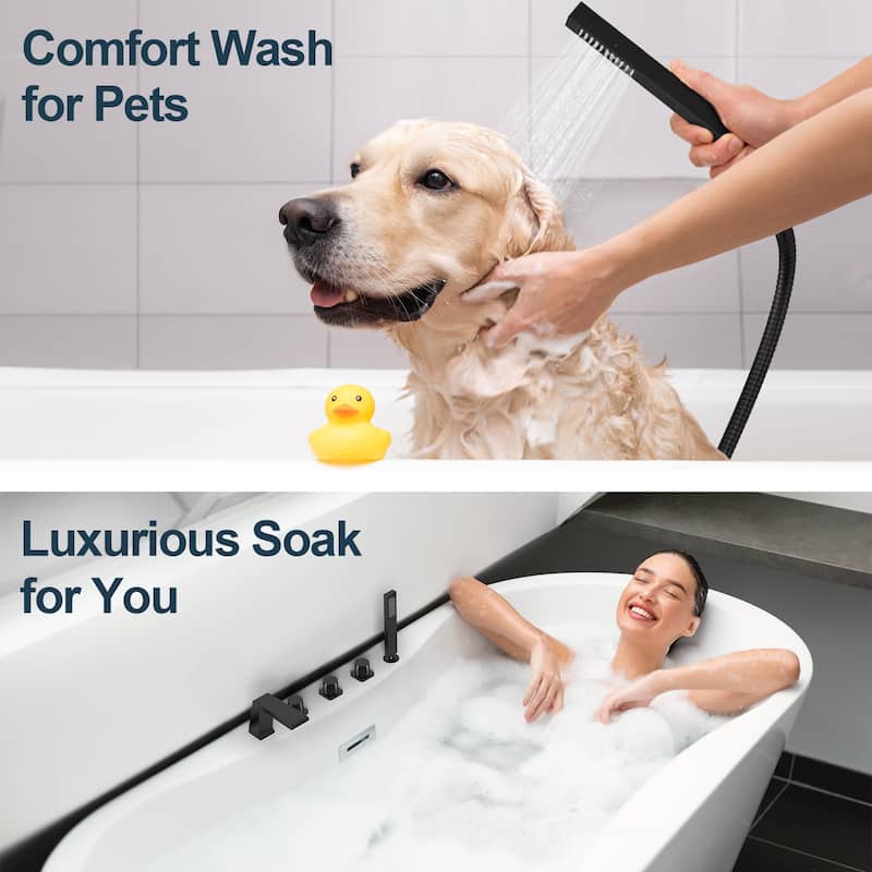 GRANDJOY Deck Mount Bathtub Spout and Handheld Shower Head Combo 5 Hole Design High Pressure