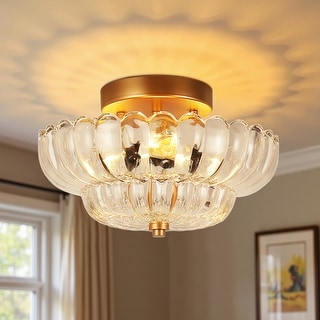 YANSUN Gold Ceiling Light Flush Mount Light with Fan Shape Glass Shade ...