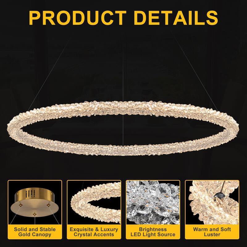 Modern Gold Crystal LED Chandelier, Dimmable Ring Light