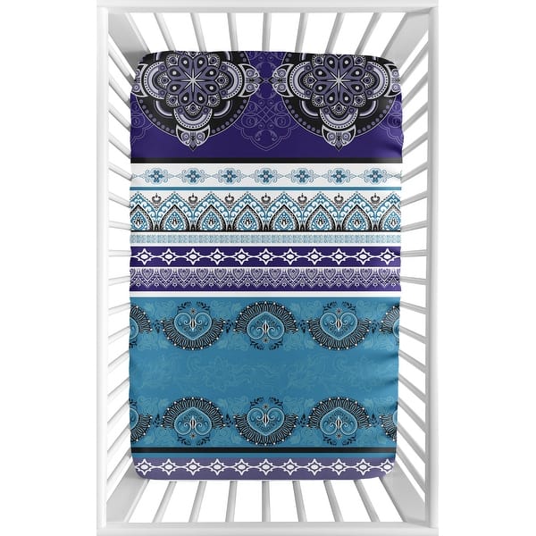 slide 2 of 6, Purple Boho Chic Baby Girl Fitted Mini Crib Sheet For Portable Crib Pack Play - Teal Turquoise Blue Plum Black Bohemian Mandala