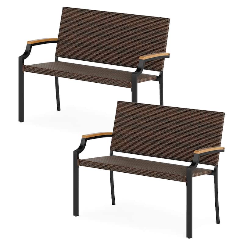 Costway 1/2 PCS Patio Wicker Loveseat Chair with Acacia Wood Armrests - 2 PCS