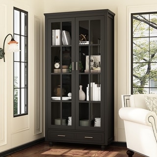 Bookcase Storage Cabinet with Glass Door& Drawer Display Cabinet White