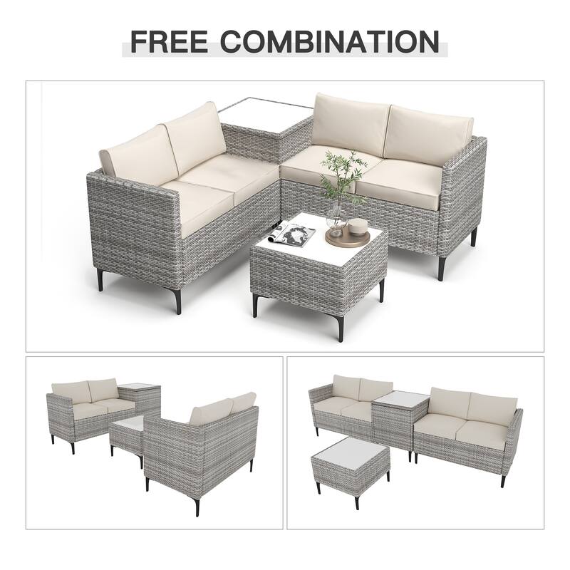 4-Piece Rattan Patio Set – Modular Sectional with Storage Box & Glass Table, Weather-Resistant for Outdoor Lounge,