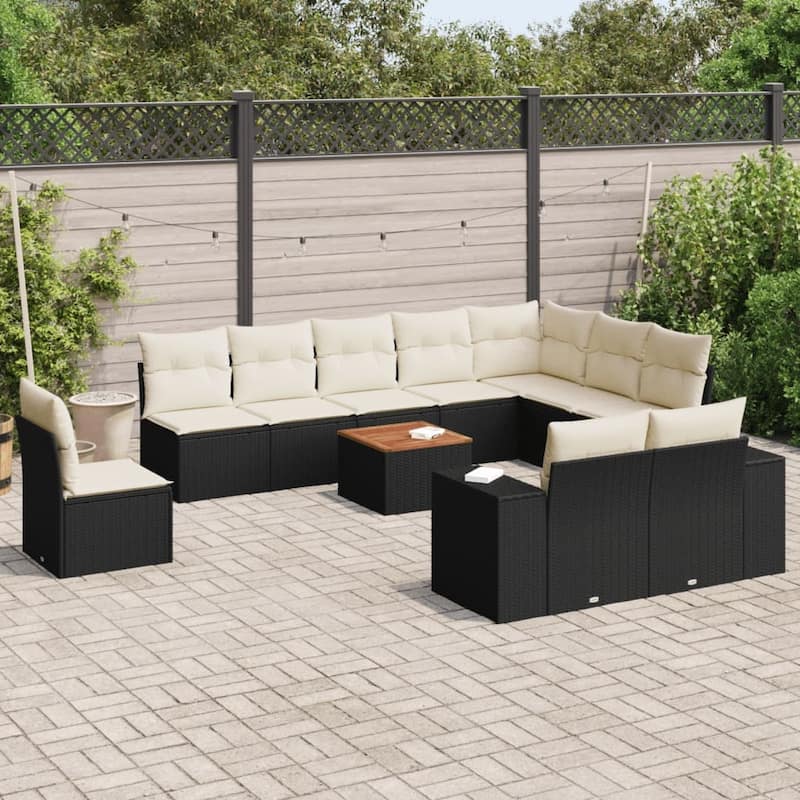 vidaXL Patio Sofa Set with Cushions Outdoor Furniture 11 Piece Poly Rattan - 21.7 x 21.7 x 14.6 - Black and cream Large