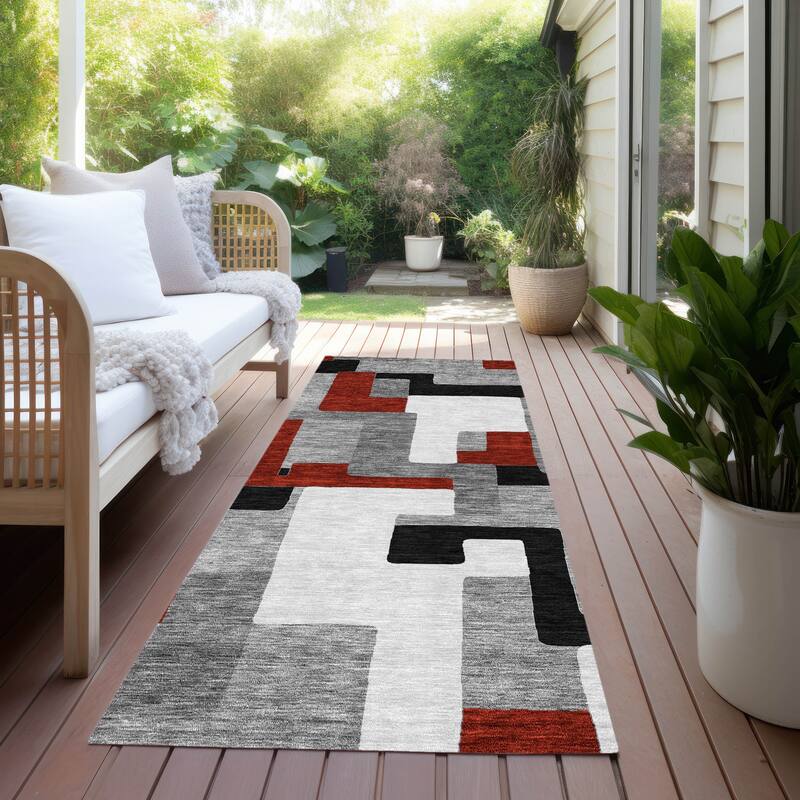 Machine Washable Indoor/ Outdoor Contempoary Blocks Chantille Rug - Gray - 2'3" x 7'6"