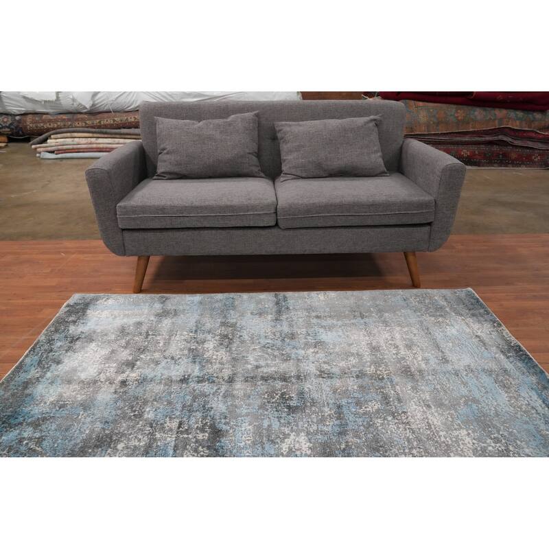 Hand Knotted Oriental Viscose Silk Carpet Modern Abstract Greys & Charcoal Abstract Area Rug - 6' 3'' X 4' 5''