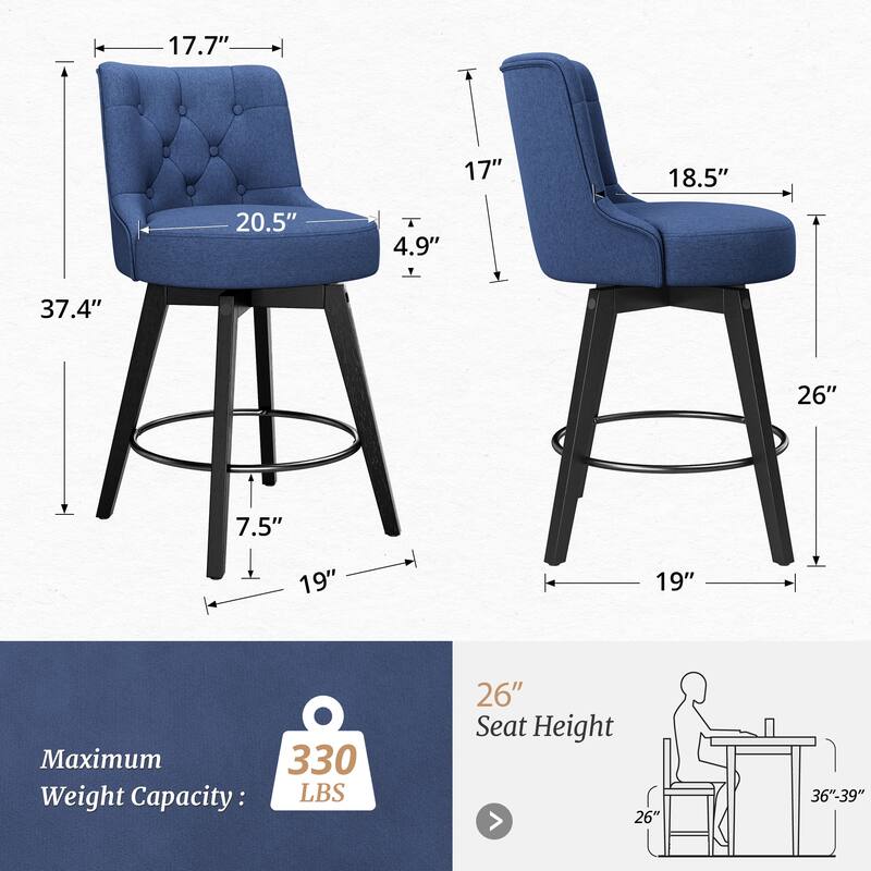 26" Counter Height Swivel Bar Stools with Solid Wood Frame Set of 2 - 26" H