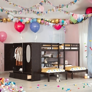 Minimalist Design Full-Over-Twin-Twin Bunk Bed with 3 drawers,Shelves, Wardrobe and Mirror,Store Books,Display Decorations