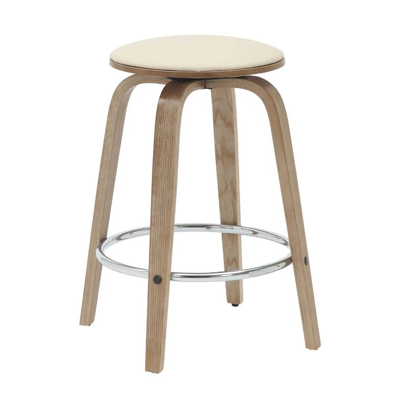 Pelya Leather Swivel Round Counter Stool with Wood Legs and Chrome Footrest for Kitchen Island or Dining Area Set of 2