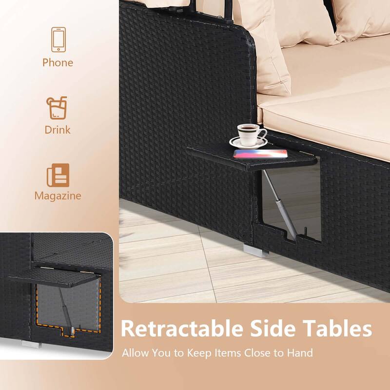 Costway Patio Rattan Daybed Lounge Retractable Top Canopy Side Tables - See Details