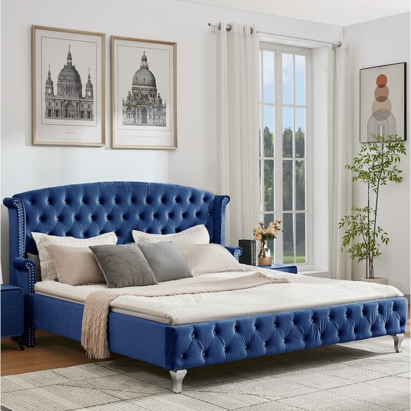 Christopher Knight Home - Larkswood Velvet Upholstered King Size Bed Frame with Wingback Headboard - Navy Blue
