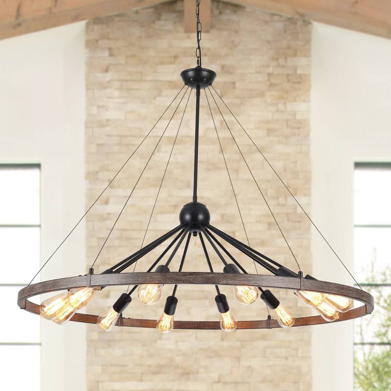 12-Light W43.3" x H90.55" Wagon Wheel Chandelier for Study Bedroom