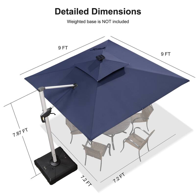 PURPLE LEAF 9 ft Double Top Solar Powered LED Square Patio Cantilever Umbrella with Base
