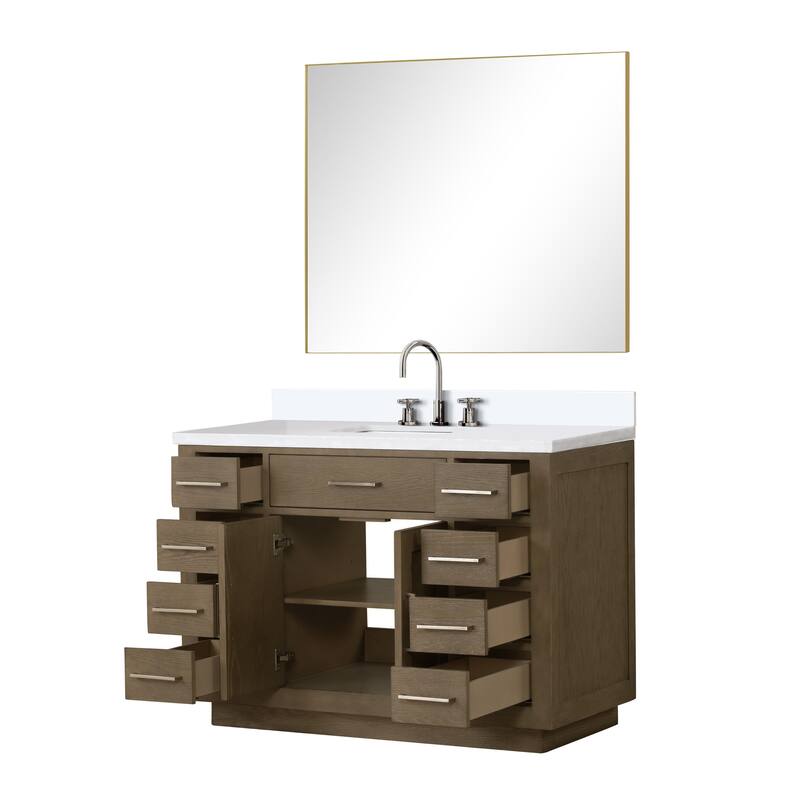 Abbey 48 in W x 22 in D Black Oak Single Bath Vanity, Cultured Marble Top, Faucet Set, and 46 in Mirror