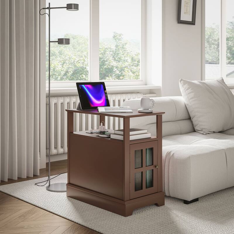 End Table with Charging Station, Narrow Side Table with USB Ports and Outlets,