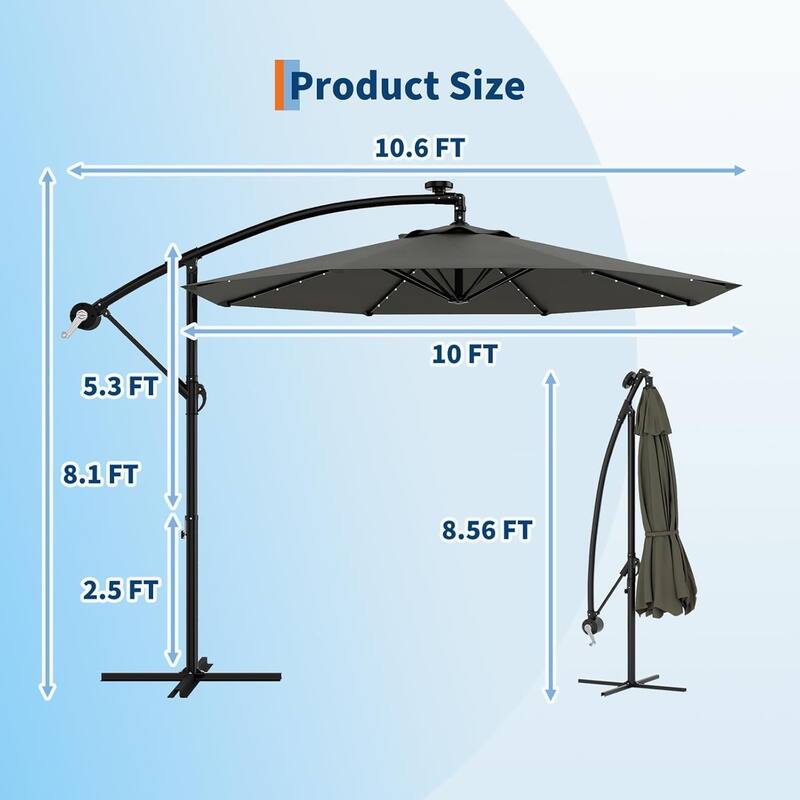 10ft Solar Lights Offset Patio Umbrella, Cantilever Umbrella with Easy Lift & Tilt Adjustment, 8 Ribs Sun Umbrella UV