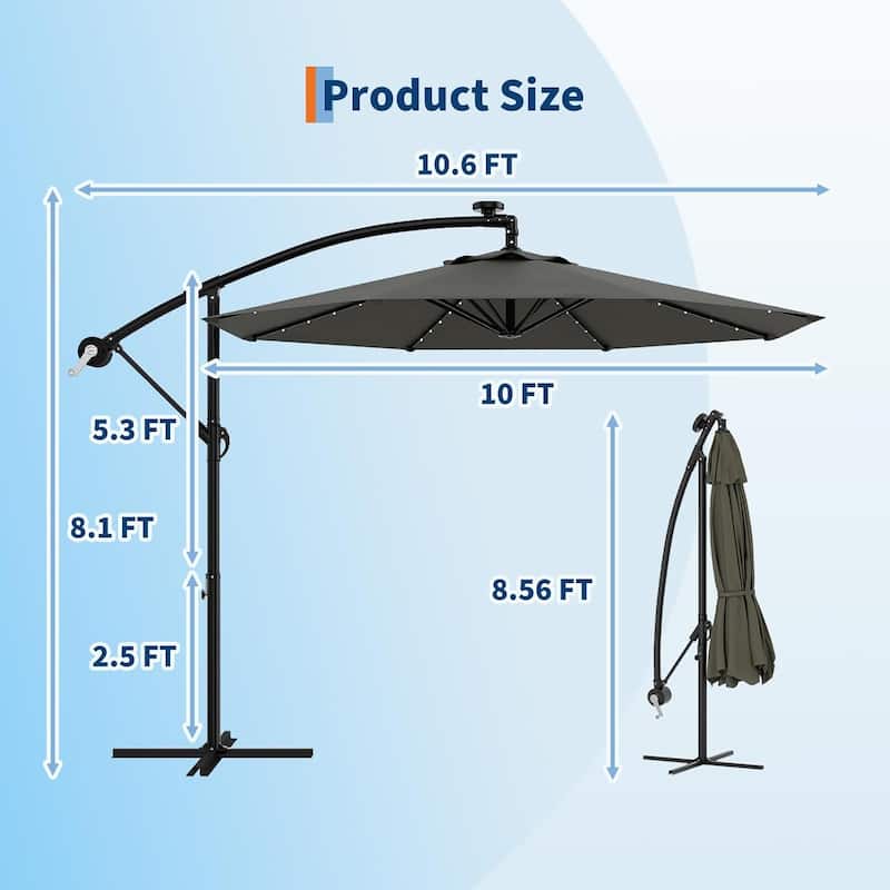 10ft Solar Lights Patio Umbrella, Cantilever Umbrella with Easy Lift and Tilt Adjustment
