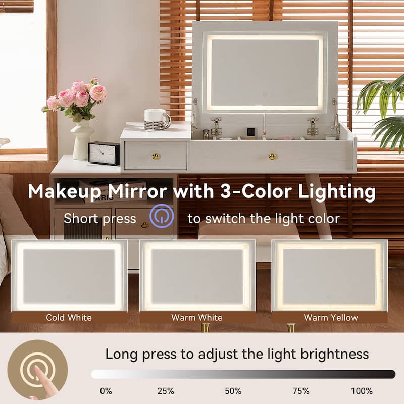 3-in-1 Vanity Desk with Lighted Flip-Top Mirror, Adjustable Side Cabinet, Makeup Table with Stool & Storage Drawers