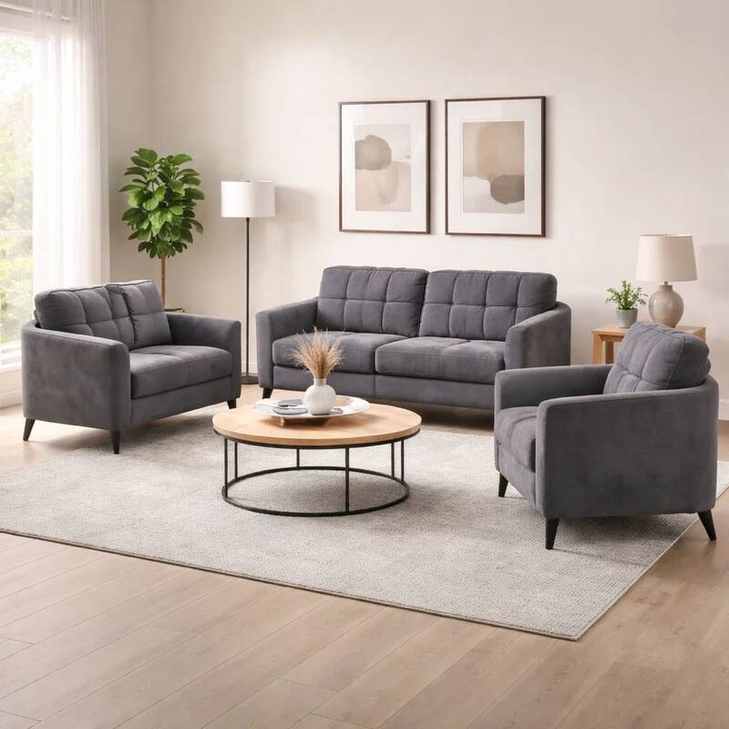 Mico 75 Inch Sofa, Loveseat and Chair Set with Throw Pillows, Dark Gray