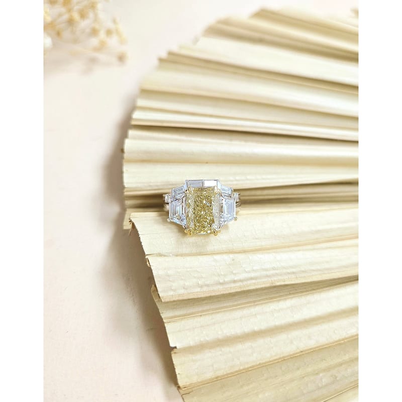 Kobelli 7.2 Carats Fancy Yellow & White Diamond Solid Platinum Radiant & Trapezoid 3-Stone Maryna Bridal Set