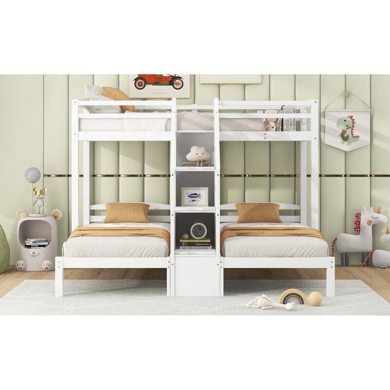 Twin over Twin & Twin Bunk Bed with Built-in Staircase and Storage Drawer