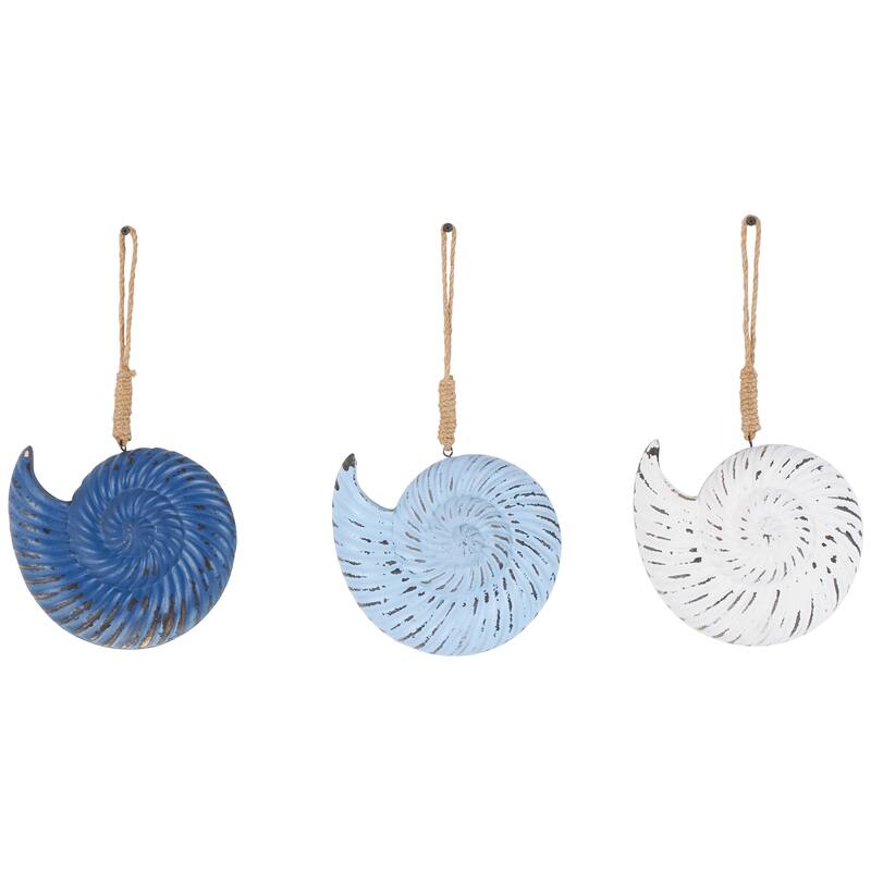 Blue Wooden Distressed Shell Home Wall Decor with Jute Hanging Rope (Set of 3)