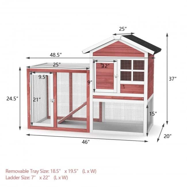 2-Story Wooden Rabbit Hutch with Running Area - 48.5" x 25" x 37" (L x W x H)