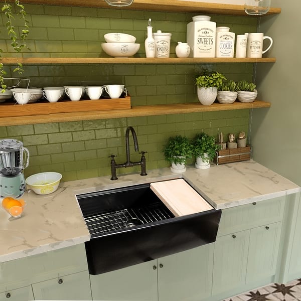 slide 2 of 11, Highpoint Collection 36-inch Workstation Fireclay Apron Sink with Accessories - 36" x 19" x 10"