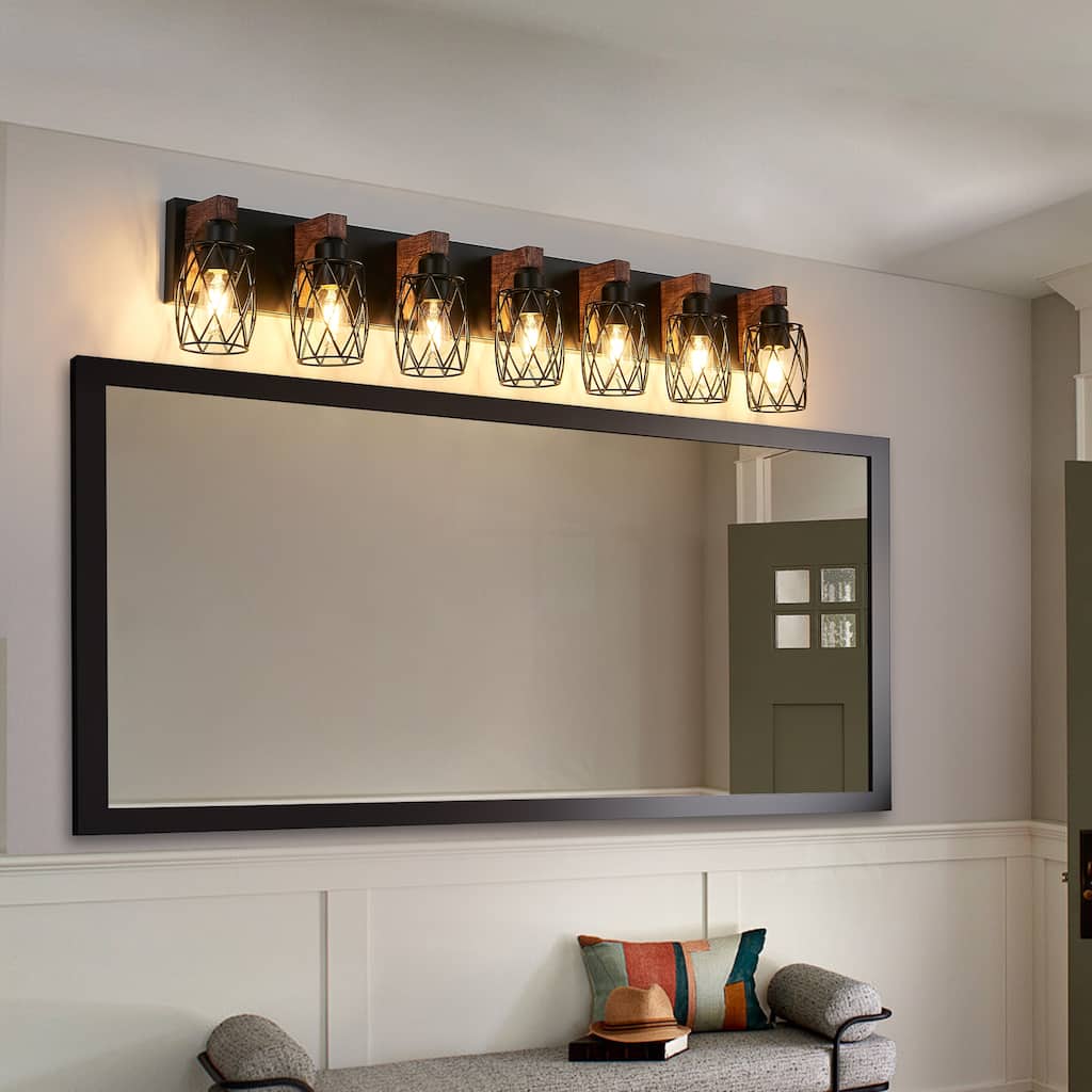 Industrial Vintage 7-Light Wall Sconce - Black Cage Wall Lighting Fixture with Wooden Accents for Bathroom, Hallway - Walnut