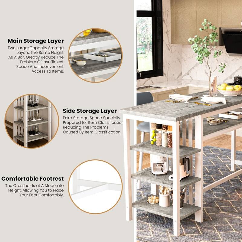 3-Piece Dining Room Table Set with 2 Upholstered Bar Stools, Modern Farmhouse Bar Table Set for 2 with Multiple Tier Shelves