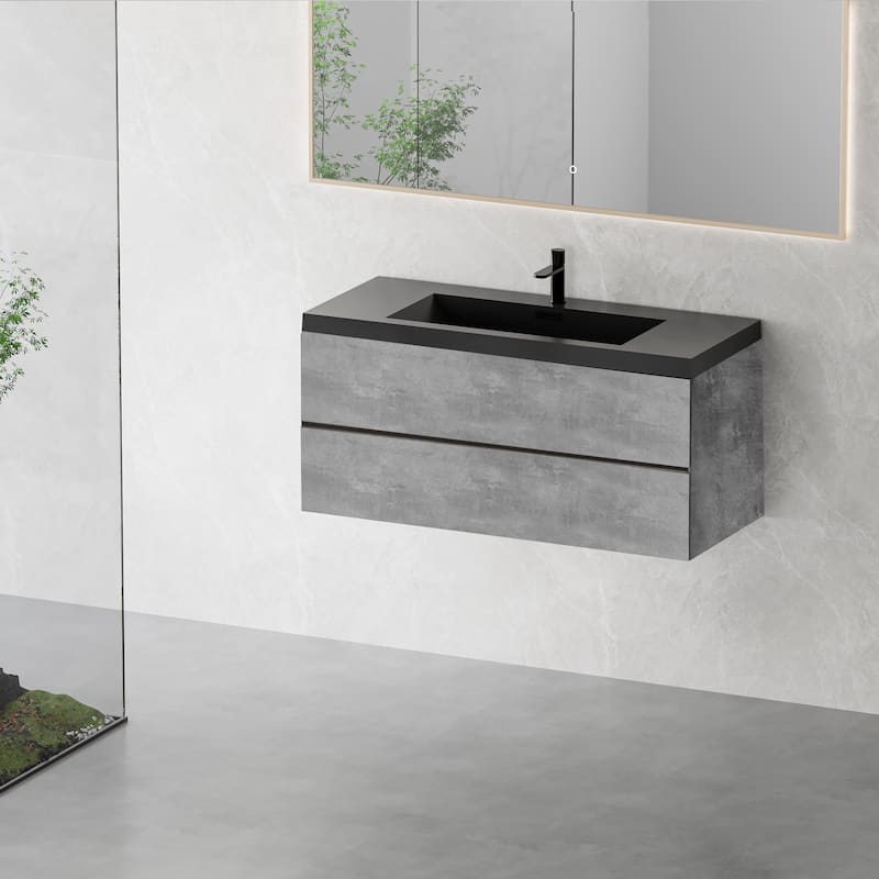 Modern Wall-Mounted Bathroom Vanity in Gray with Black Quartz Sand Top