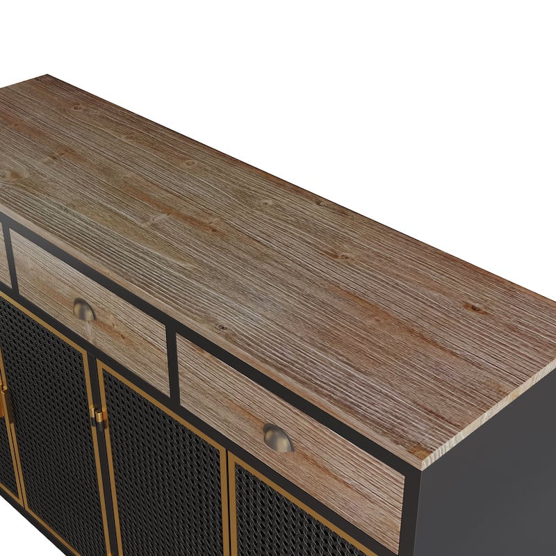 Kitchen Pantry Cabinet with 3 Top Drawers, Buffet Cabinet with 4 Hollow Doors, Storage Cabinet with Metal Handles and Wood Legs