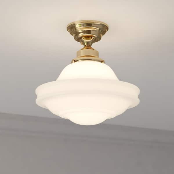 slide 2 of 13, Huntley Farmhouse Semi-flush Mount Ceiling Light with White Schoolhouse Glass Natural Brass - 12-in W x 11.75-in H x 12-in D