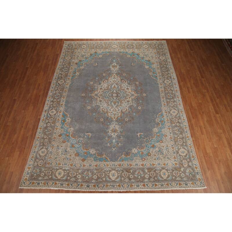 Hand Knotted Oriental 100% Wool Carpet Traditional Medallion Greys & Charcoal Tabriz Area Rug - 12' 8'' X 9' 6''