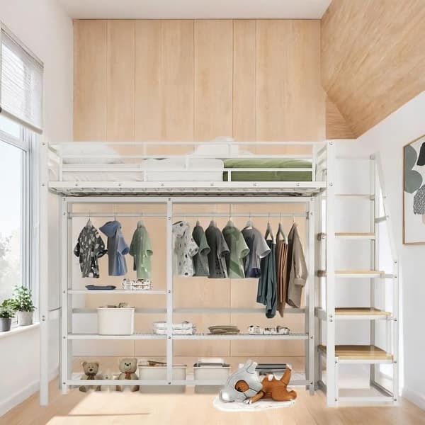 slide 2 of 12, Stylish & Simple Full Size Metal Loft Bed with Wardrobe and Storage Shelves, Sturdy Construction & Unique Design, White White
