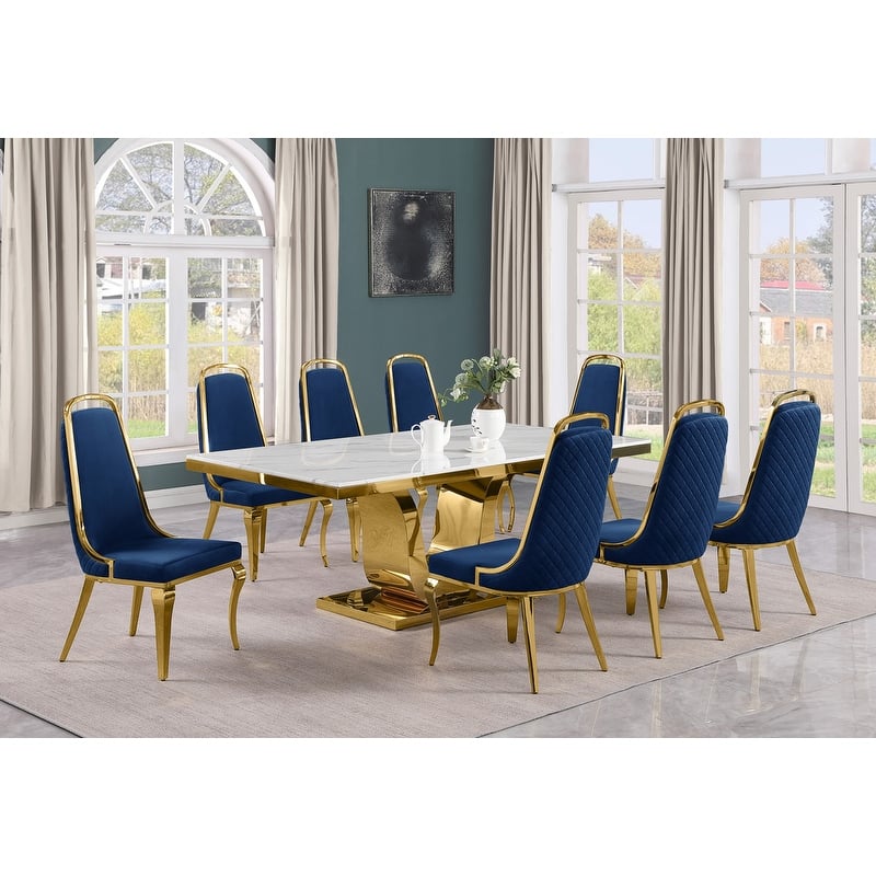 Best Quality Furniture D321-SC314-7 Dining Set with 78" White Marble Top - 9-Piece - Navy Blue / Gold