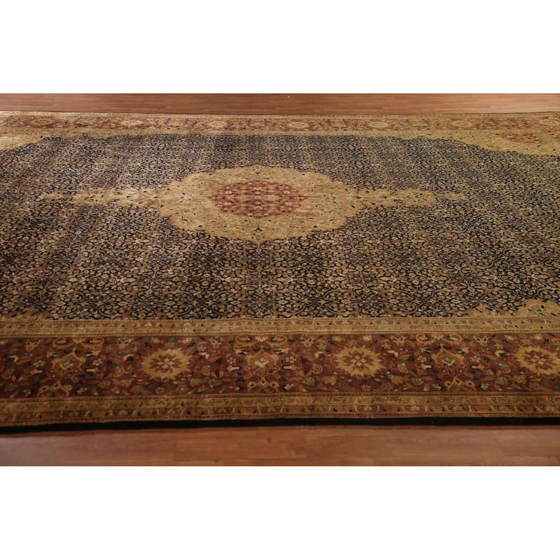Hand Knotted Oriental 100% Wool Carpet Traditional Floral Black Kashan Area Rug - 18' 0'' X 12' 2''