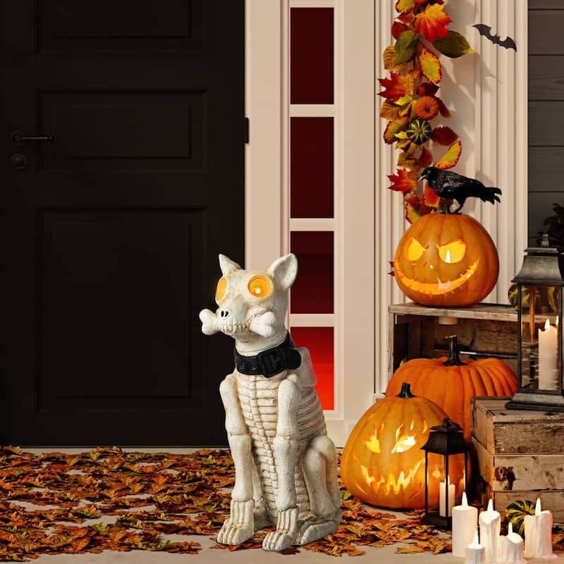 Glitzhome 20"H Halloween Lighted MGO Skeleton Dog Porch Decor with Timer