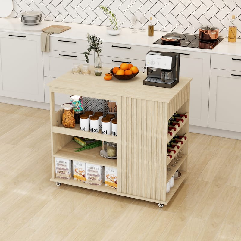 Kitchen Island Rolling Serving Utility Cart with Storage Drawer, Wine Rack and Lockable Casters, Kitchen Cart for Kitchen, Bar