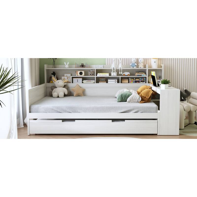 Multi-Functional Full Size Daybed with Study Desk & Storage Shelves, Includes Twin Trundle Bed, Natural Wood