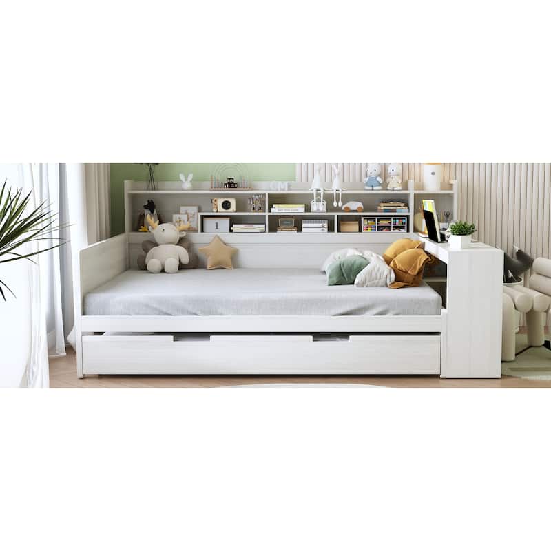 Wooden Full Size Daybed with Storage Shelves