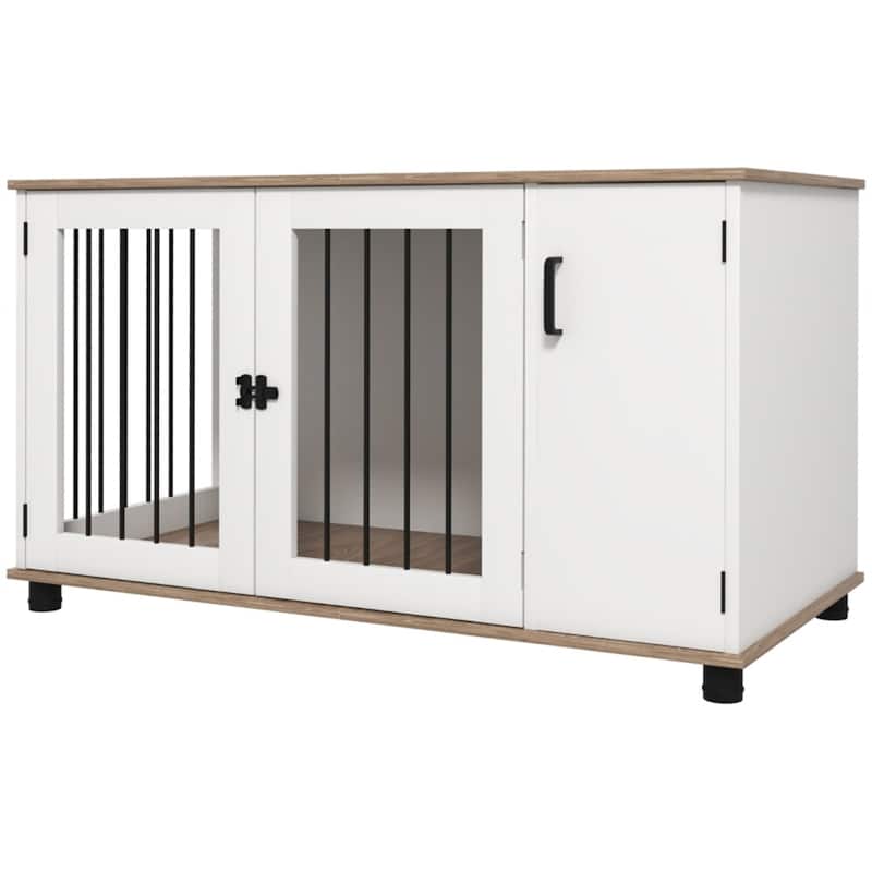 Walnut and White Dog Crate Side Table with Double Doors Adjustable Feet and Storage Cabinet - White