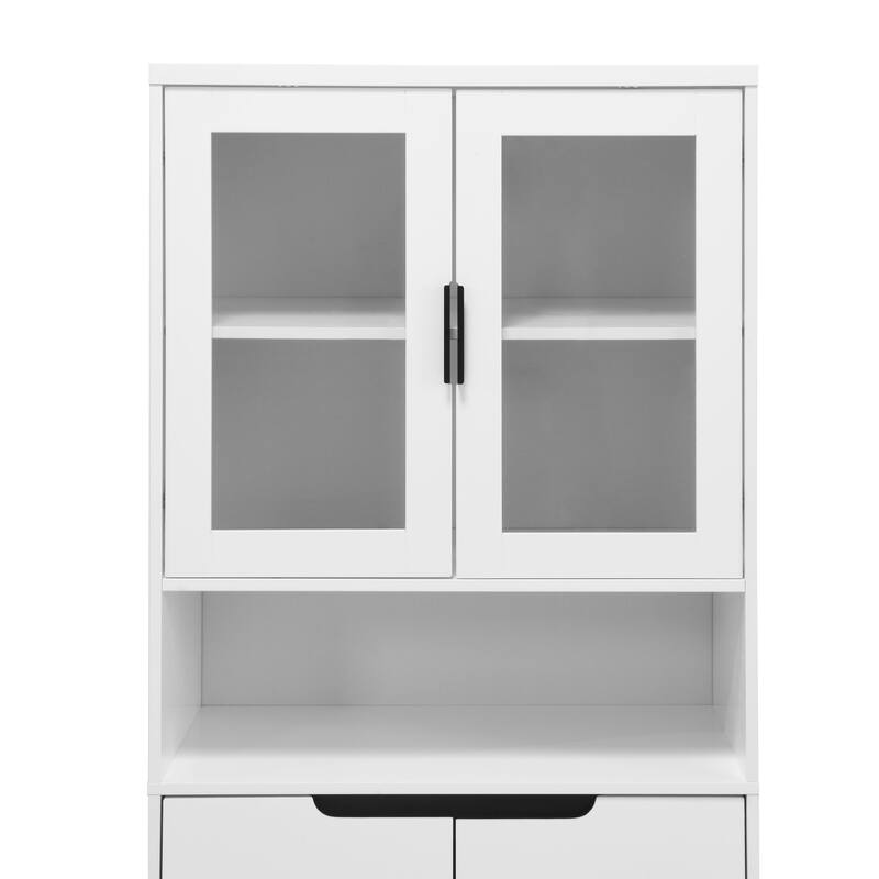 Tall Kitchen Pantry Cabinet with 2 Glass Display Doors & 2 Solid Doors