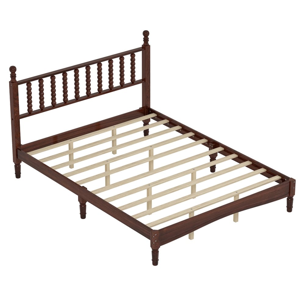 Twin/Full/Queen/King Retro Style Wood Platform Bed with Gourd Headboard and Wooden Slat Support