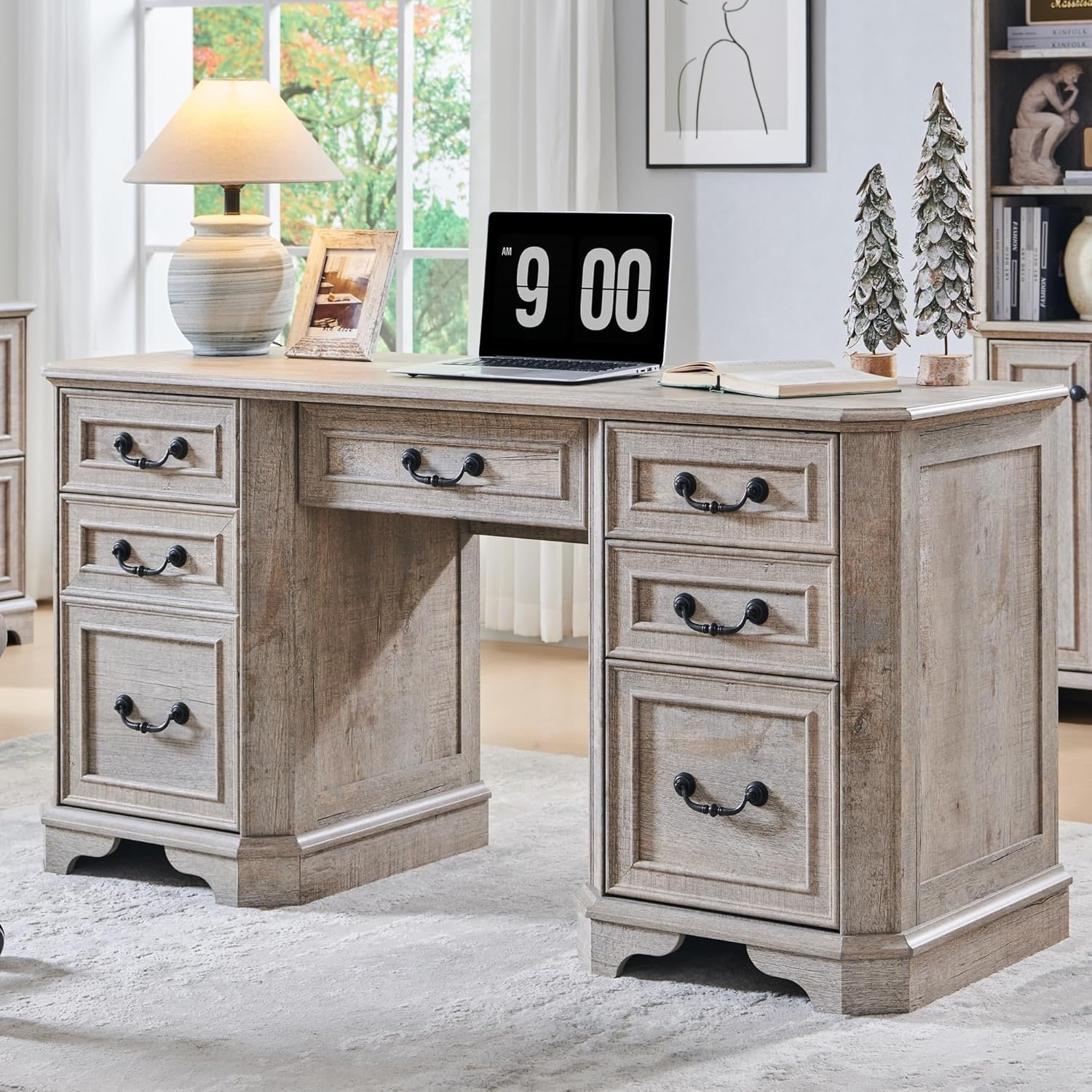 Farmhouse Executive Desk with Drawers, Wood Home Office Computer Desk