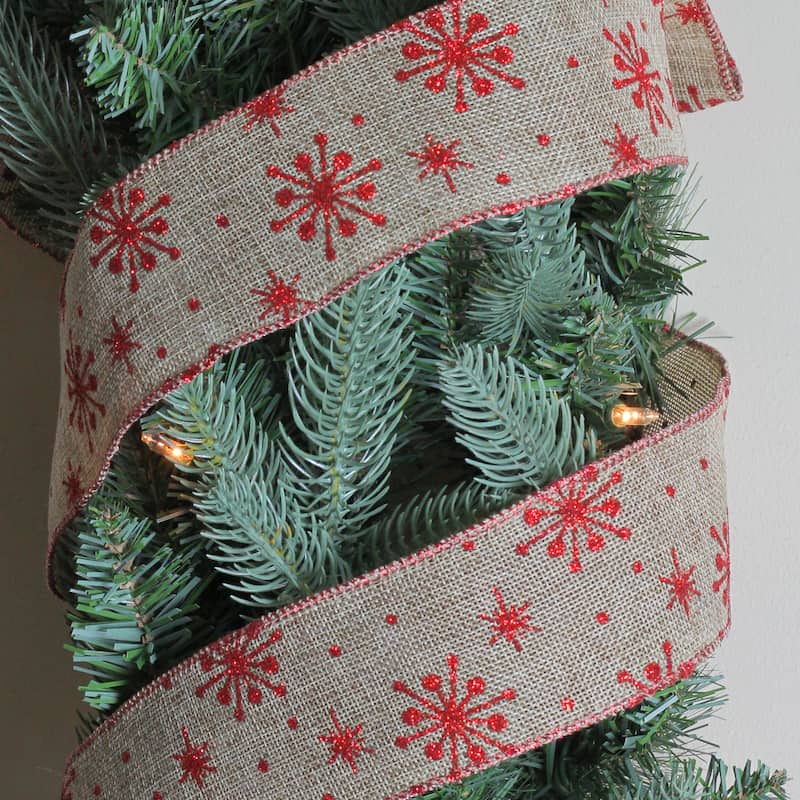 Red and Beige Snowflake Wired Christmas Craft Ribbon 2.5" x 10 Yards